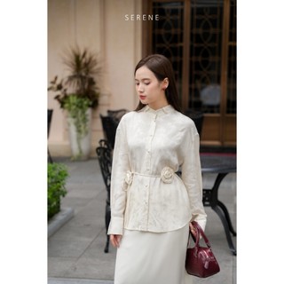 (Xả kho) Áo sơ mi lụa LILY cổ tàu kèm dây hoa by Serene