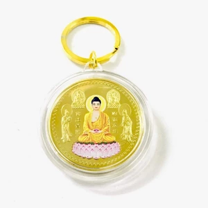 Đồng Xu Đức Phật Tổ Như Lai Và Các Vị Bồ Tát In Màu Thuỷ May Mắn, tặng túi gấm đỏ