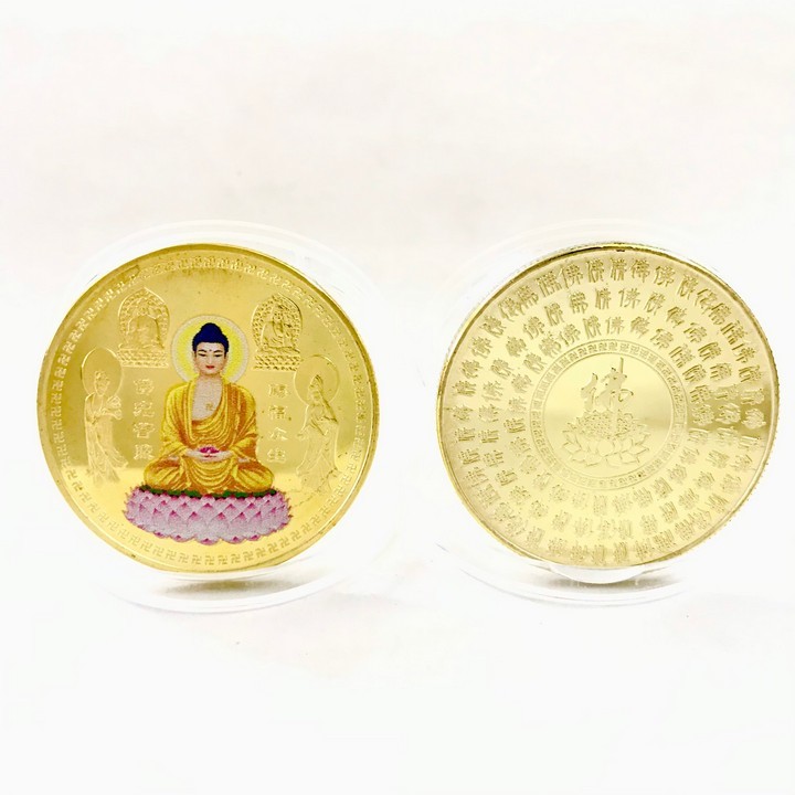 Đồng Xu Đức Phật Tổ Như Lai Và Các Vị Bồ Tát In Màu Thuỷ May Mắn, tặng túi gấm đỏ