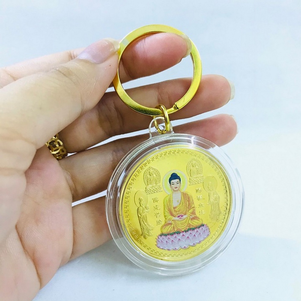 Đồng Xu Đức Phật Tổ Như Lai Và Các Vị Bồ Tát In Màu Thuỷ May Mắn, tặng túi gấm đỏ