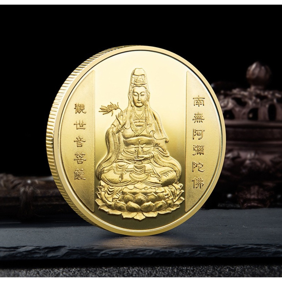 Xu Quan Thế Am Bồ Tát Mạ Vàng bằng kim loại cầu Bình An, tặng túi gấm đỏ