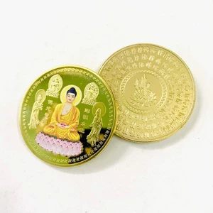 Đồng Xu Hình Phật Tổ A Di Đà Ngồi Đài Sen in màu - Vật phẩm phong thủy Bình An, tặng túi gấm đỏ