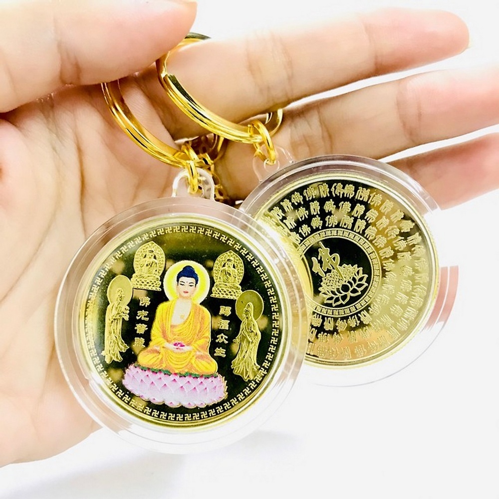 Đồng Xu Hình Phật Tổ A Di Đà Ngồi Đài Sen in màu - Vật phẩm phong thủy Bình An, tặng túi gấm đỏ