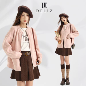 Áo khoác cardigan nữ len mềm đóng cúc có túi màu hồng tay dài cổ V dễ thương basic hàn quốc ulzzang DELIZ