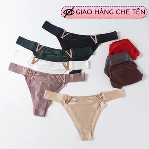 Quần lót nữ lụa bóng không viền chữ V, quần bikini cạp kim loại thể thao gợi cảm mặc lót hoặc đi bơi