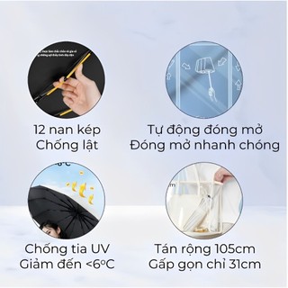 Ô Dù Gập Gọn Tự Động 24 Nan Đôi 105cm Cao Cấp | Ô Che Nắng Mưa Chống UV Chống Gió Chống Lật