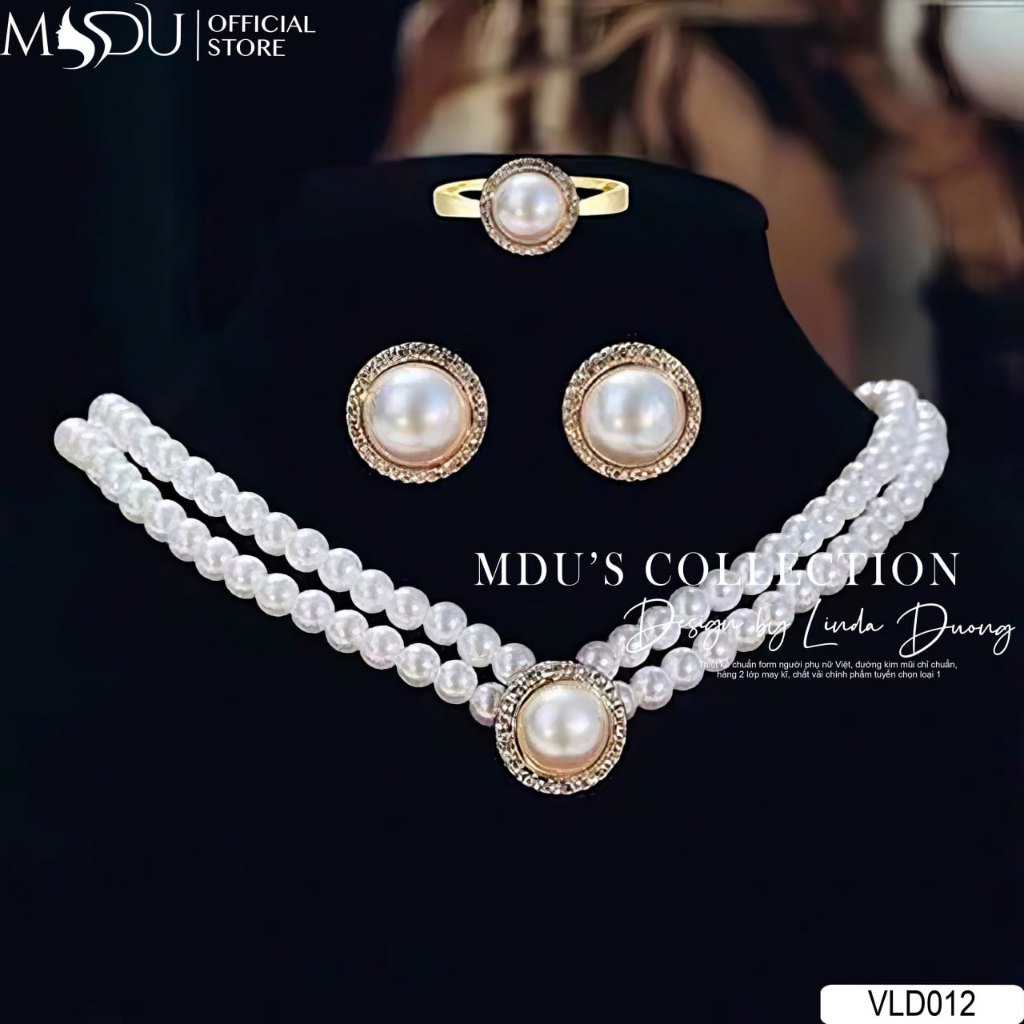ADELA DESIGN Bộ Trang Sức Ngọc Trai 2 Lớp Cao Cấp, Đính Đá Lấp Lánh. VLD012