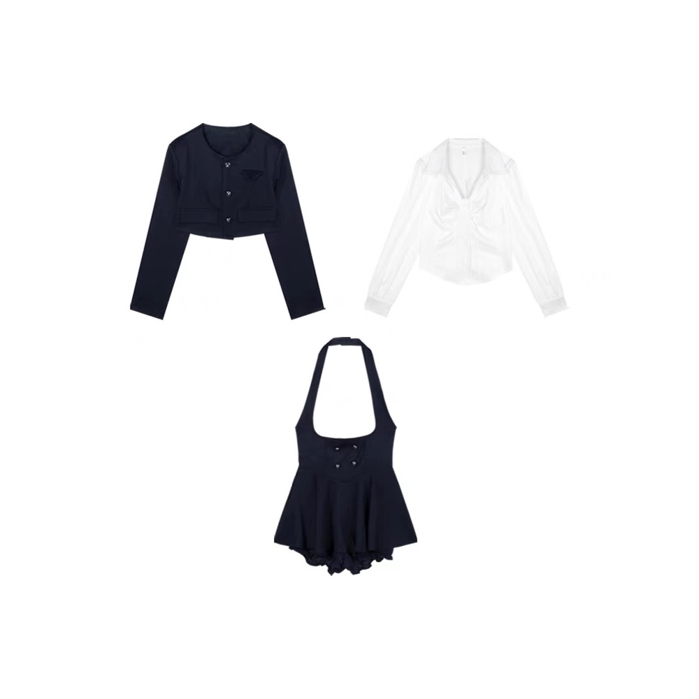 Set yếm váy xoè trung học teen và áo croptop khoác thanh lịch cùng áo sơ mi lửng dài tay