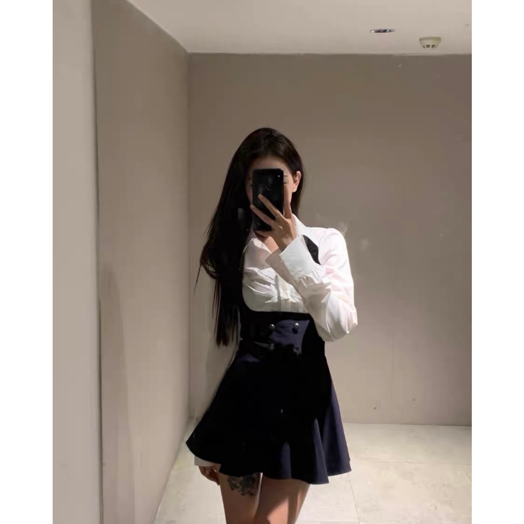 Set yếm váy xoè trung học teen và áo croptop khoác thanh lịch cùng áo sơ mi lửng dài tay