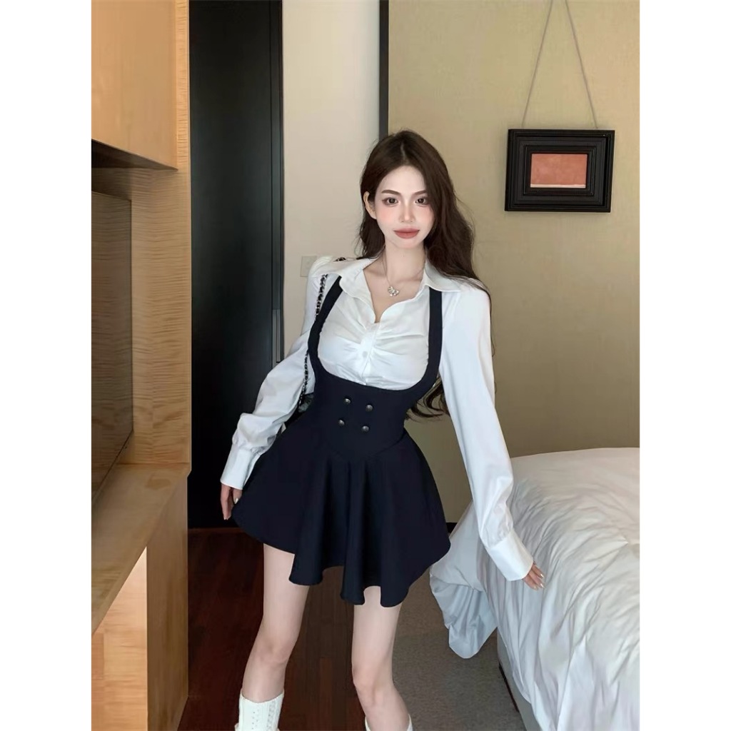 Set yếm váy xoè trung học teen và áo croptop khoác thanh lịch cùng áo sơ mi lửng dài tay