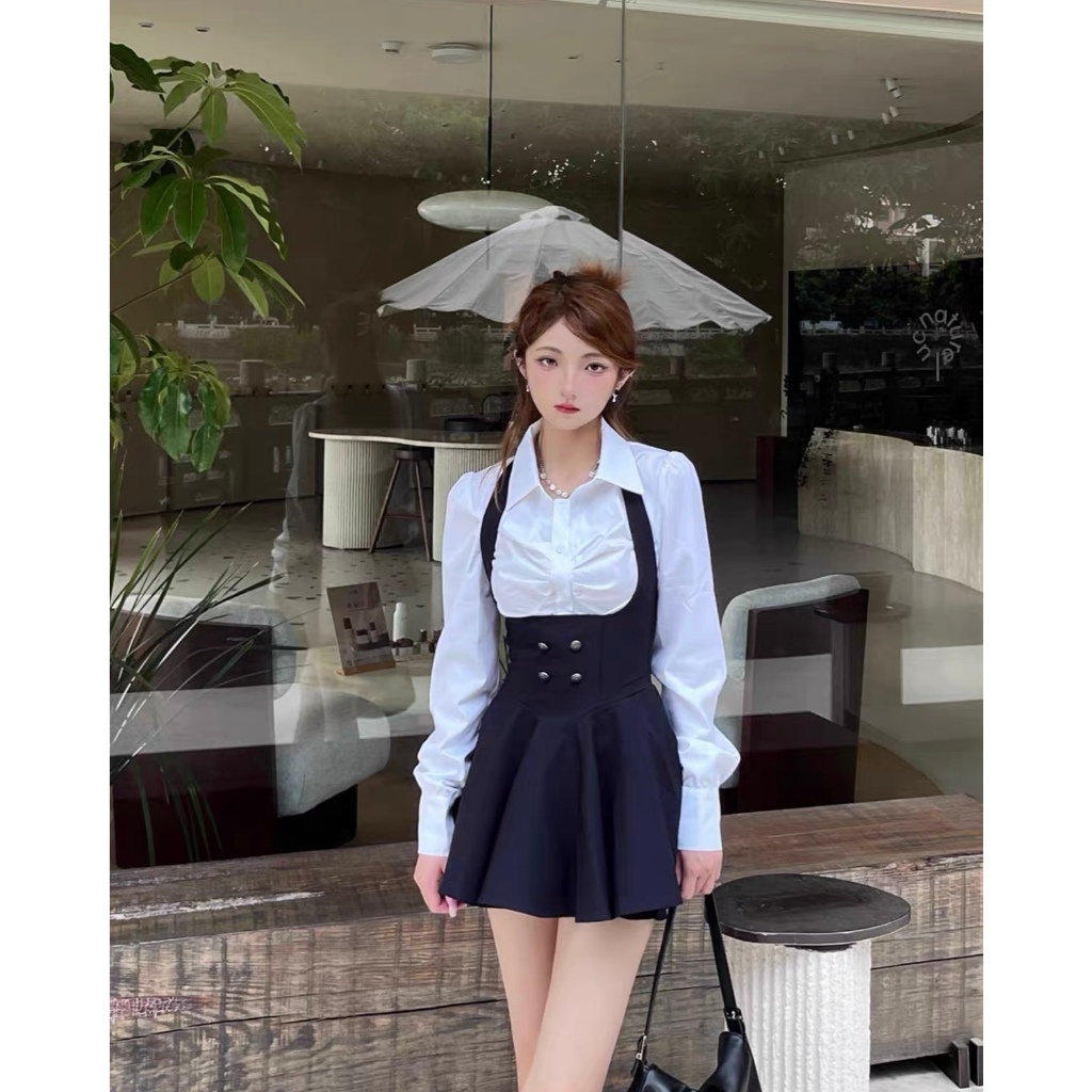 Set yếm váy xoè trung học teen và áo croptop khoác thanh lịch cùng áo sơ mi lửng dài tay