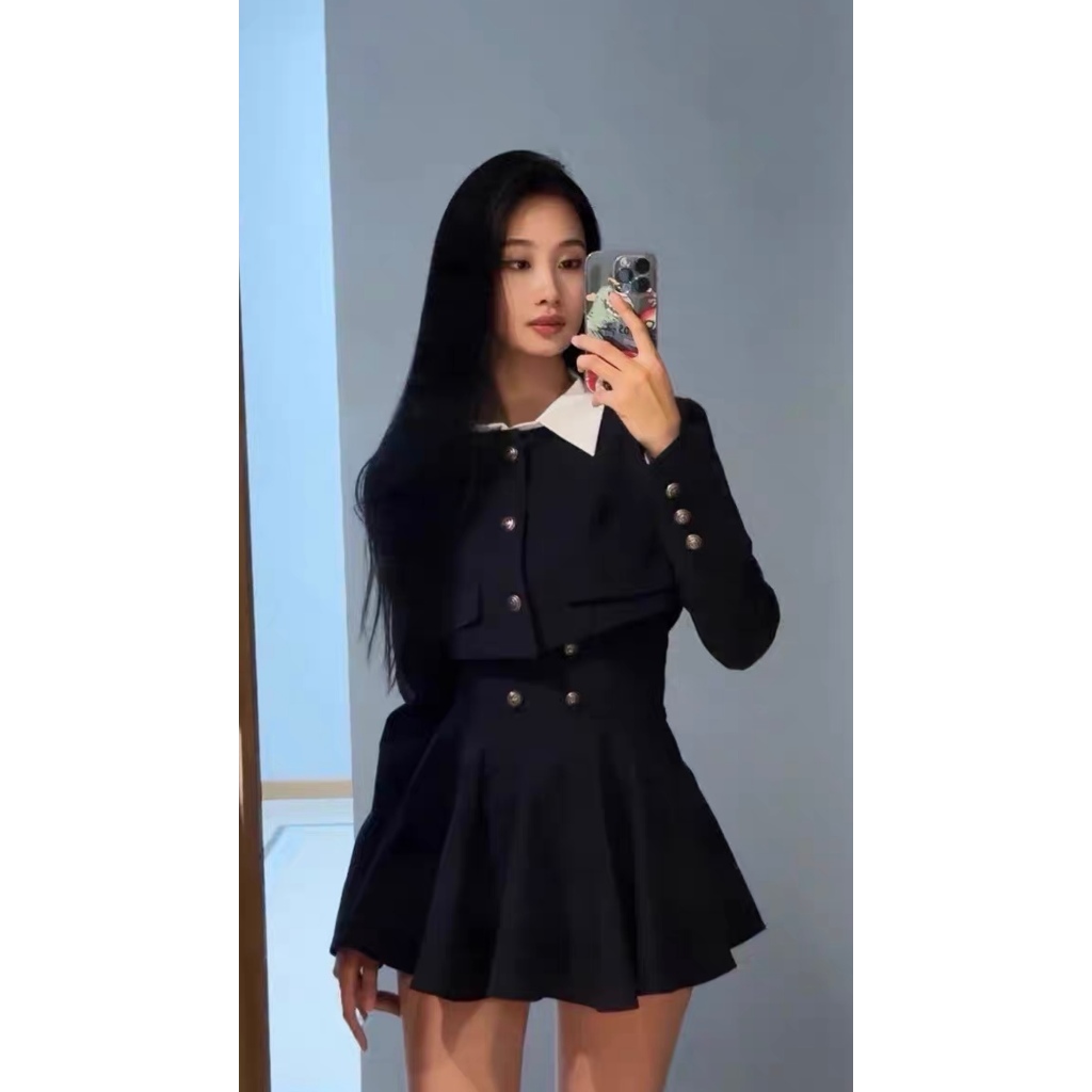 Set yếm váy xoè trung học teen và áo croptop khoác thanh lịch cùng áo sơ mi lửng dài tay
