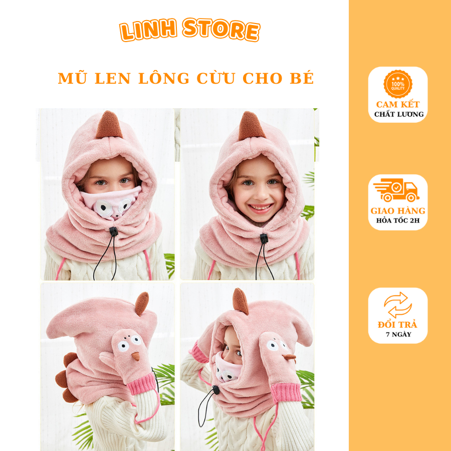 Mũ Len Lông Cừu Cho Bé, mũ len giữ ấm kèm khẩu trang