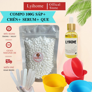 COMBO CƠ BẢN, 100g sáp wax lông sữa dừa lyihome, chất dẻo thơm bám lông tốt, kèm chén silicon, serum