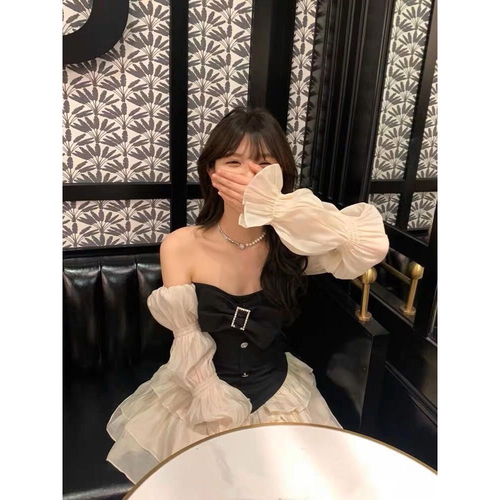 Váy gợi cảm tay dài cho nữ mùa hè ngang ngực váy ba tầng lớp sang chảnh 𝐁𝐥𝐚𝐜𝐤 𝐠𝐨𝐥𝐝𝐞𝐧 𝐫𝐚𝐠𝐥𝐚𝐧