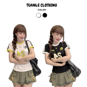 Áo Thun BabyTee In Hình Số 24 Phối Viền Cổ Tròn Nhiều Màu Nữ Women Phong Cách Hàn Quốc Dễ Thương