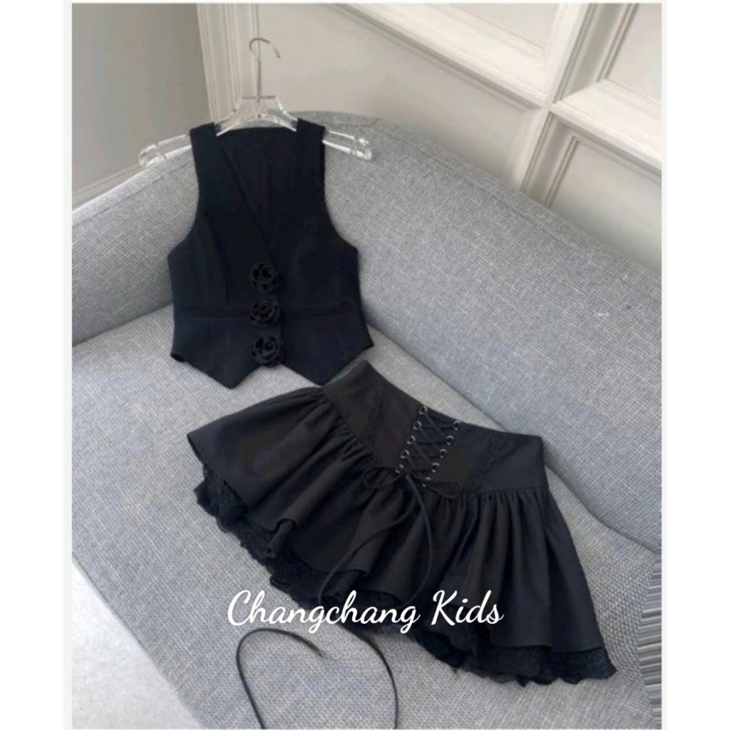 Sét váy bé gái áo ghi lê đính hoa chân váy phối ren bé gái sành điệu size nhỏ đến size đại từ 12-55kg