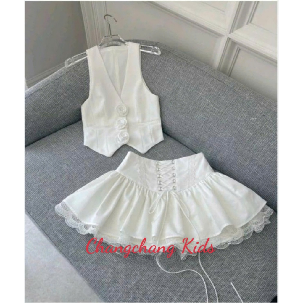Sét váy bé gái áo ghi lê đính hoa chân váy phối ren bé gái sành điệu size nhỏ đến size đại từ 12-55kg