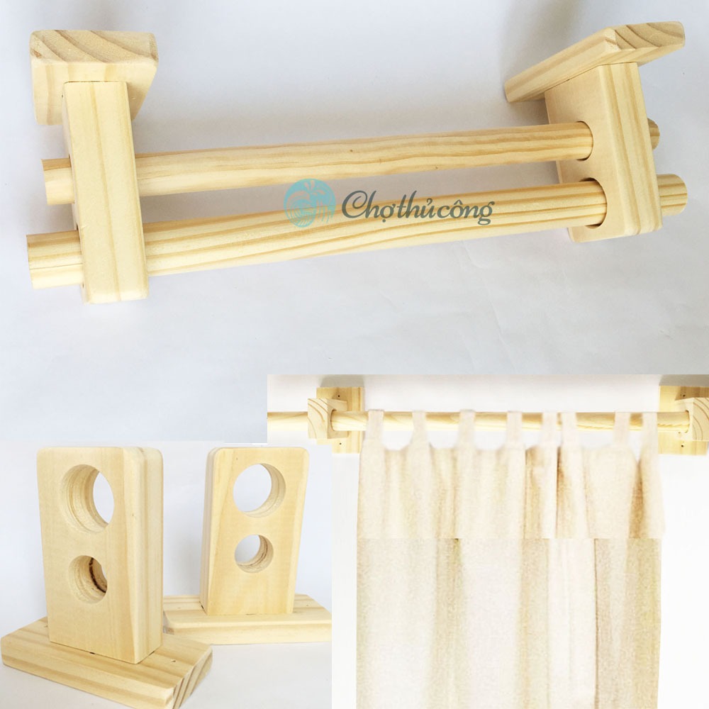 Bộ Chốt gỗ treo rèm đôi (2 lỗ treo) từ gỗ thông làm pát treo sào (2 cái ...