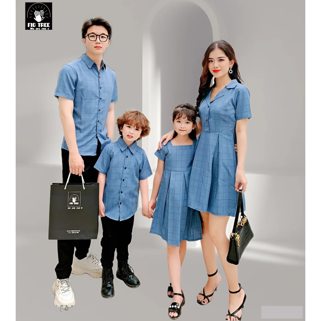 Đồng Phục Sơ Mi Gia Đình Nam Áo -Nữ Váy Sọc Caro Xanh ( MS :164A) Thương Hiệu Fig Tree