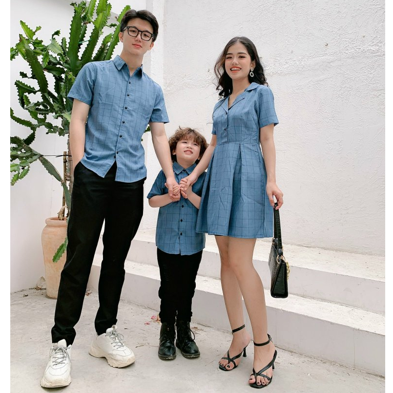 Đồng Phục Sơ Mi Gia Đình Nam Áo -Nữ Váy Sọc Caro Xanh ( MS :164A) Thương Hiệu Fig Tree