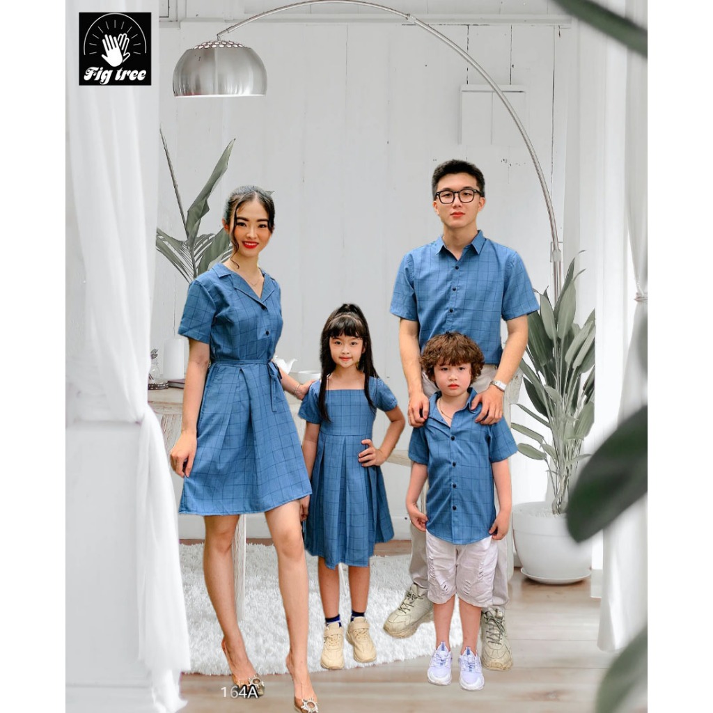 Đồng Phục Sơ Mi Gia Đình Nam Áo -Nữ Váy Sọc Caro Xanh ( MS :164A) Thương Hiệu Fig Tree