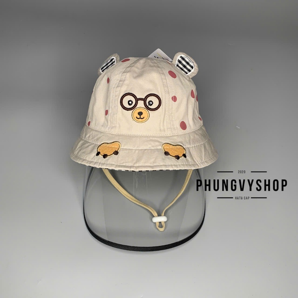 Bé <12tháng/vòng đầu47cm- Mũ chống dịch bắn, nón cản bụi GẤU ĐEO MẮT KIẾNG