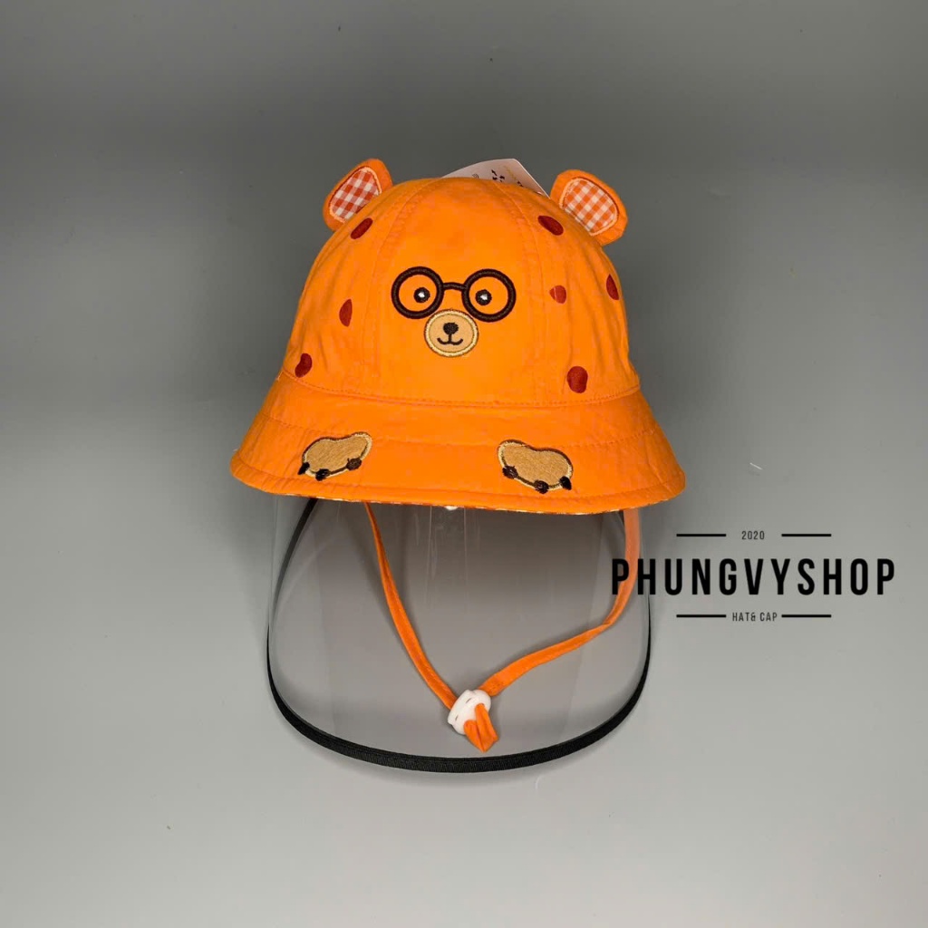 Bé <12tháng/vòng đầu47cm- Mũ chống dịch bắn, nón cản bụi GẤU ĐEO MẮT KIẾNG