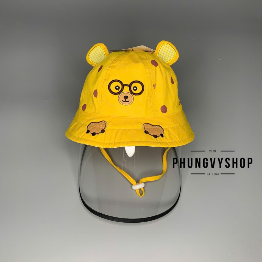 Bé <12tháng/vòng đầu47cm- Mũ chống dịch bắn, nón cản bụi GẤU ĐEO MẮT KIẾNG