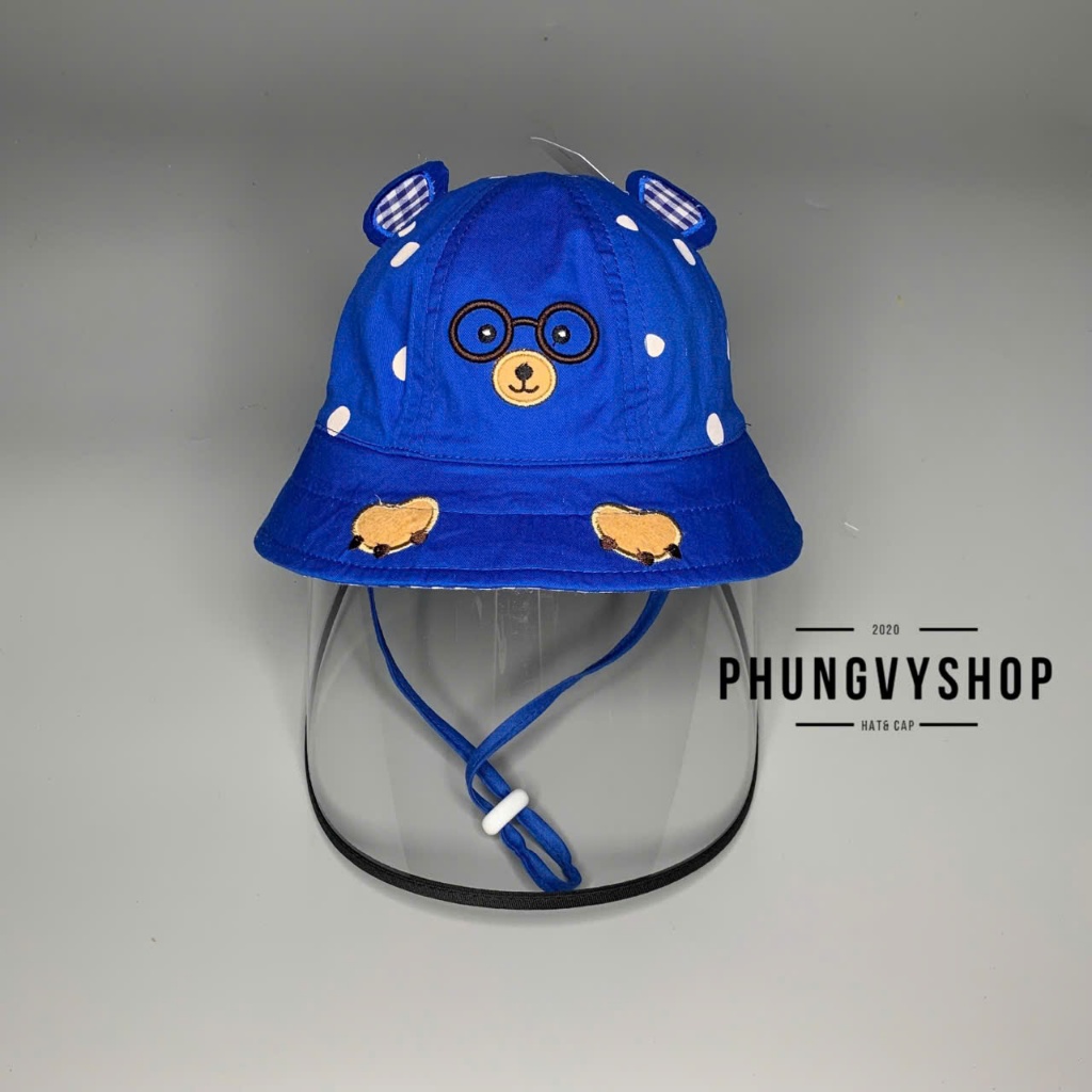 Bé <12tháng/vòng đầu47cm- Mũ chống dịch bắn, nón cản bụi GẤU ĐEO MẮT KIẾNG