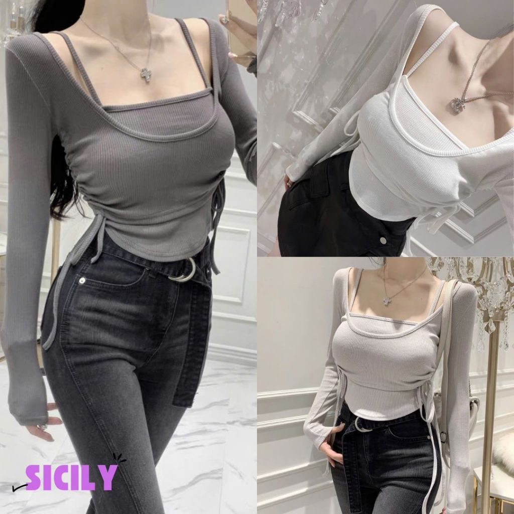 Áo thun nữ tay dài Sicily ôm body dây rút sườn RE903