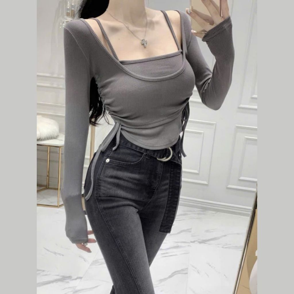 Áo thun nữ tay dài Sicily ôm body dây rút sườn RE903