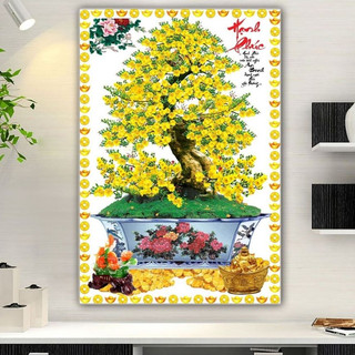 Tranh Treo Tường Chậu Bonsai Hoa Mai Vàng Thư Pháp - Tranh Laminate Tráng Gương