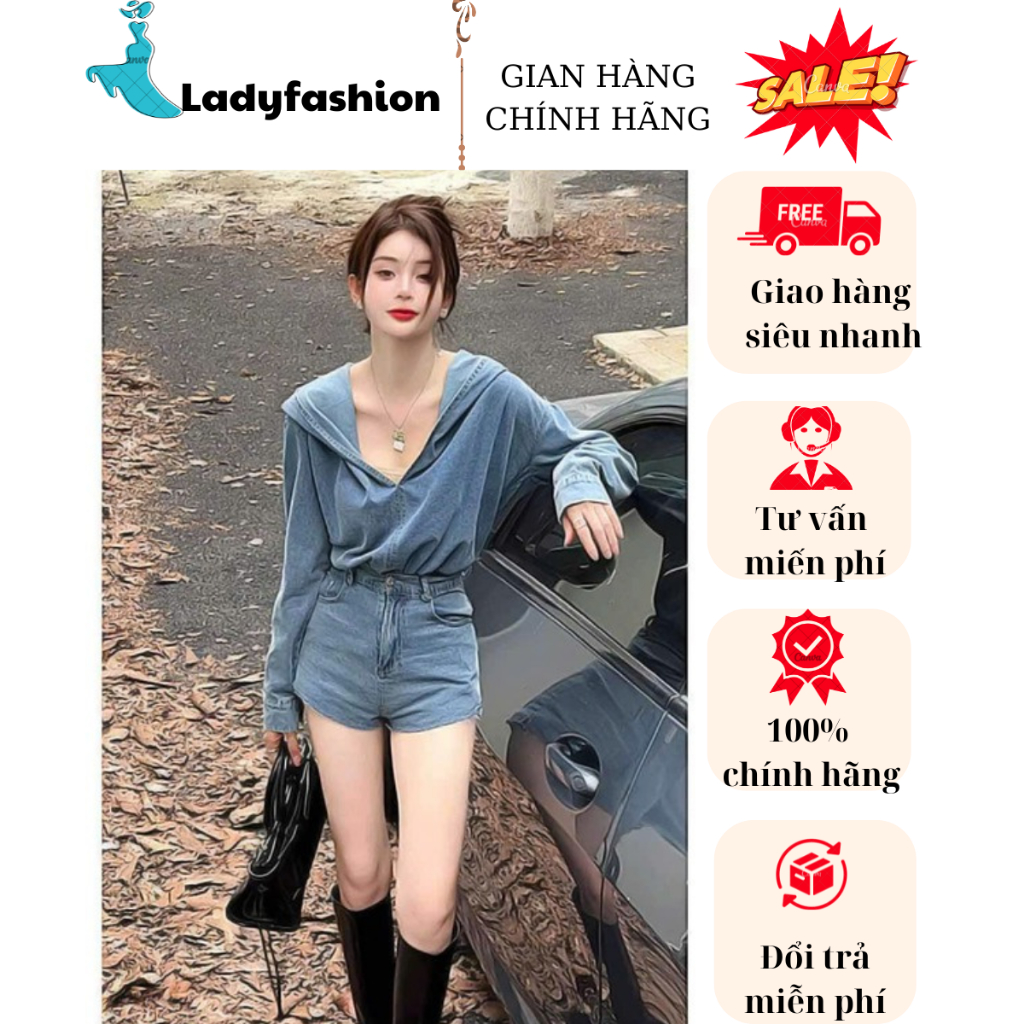 Set quần jean nữ cộc áo jean mũ dài tay cao cấp,Set bộ jean nữ khóa trước siêu sang chảnh New 2024