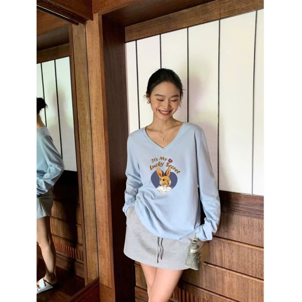 Áo thun nữ dài tay cổ tim dáng rộng in hình JULY fashion, Áo thun tay dài cổ V stype Hàn Quốc,chất vải xượt dày vừa phải