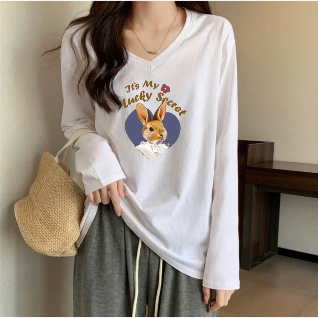 Áo thun nữ dài tay cổ tim dáng rộng in hình JULY fashion, Áo thun tay dài cổ V stype Hàn Quốc,chất vải xượt dày vừa phải