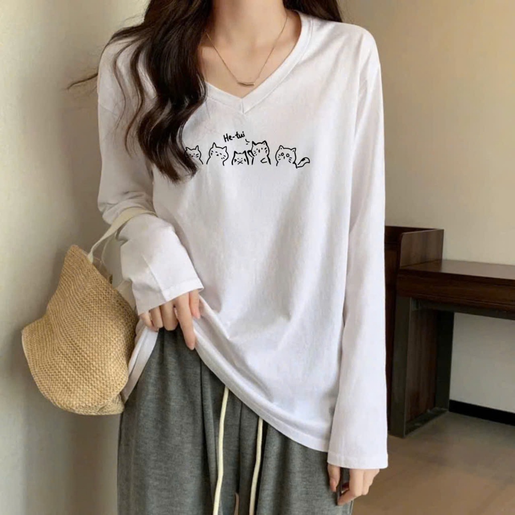 Áo thun nữ dài tay cổ tim dáng rộng in hình JULY fashion, Áo thun tay dài cổ V stype Hàn Quốc,chất vải xượt dày vừa phải