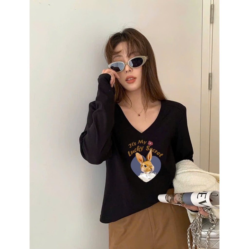 Áo thun nữ dài tay cổ tim dáng rộng in hình JULY fashion, Áo thun tay dài cổ V stype Hàn Quốc,chất vải xượt dày vừa phải