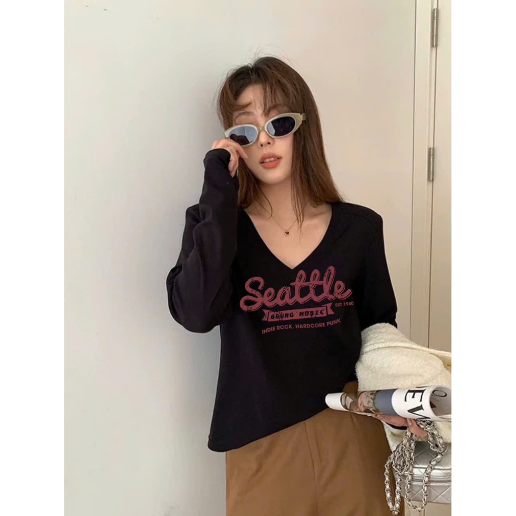 Áo thun nữ dài tay cổ tim dáng rộng in hình JULY fashion, Áo thun tay dài cổ V stype Hàn Quốc,chất vải xượt dày vừa phải