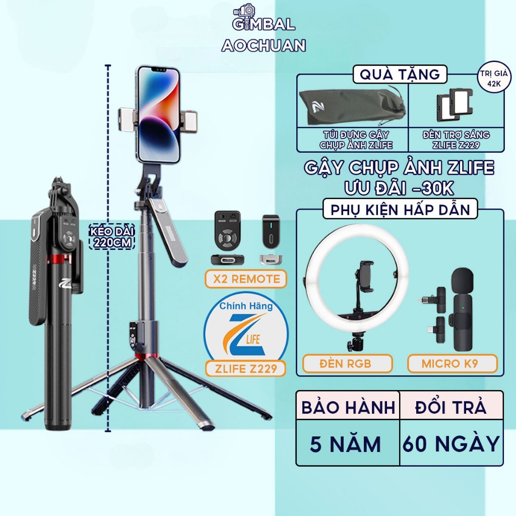 Cây Livestream điện thoại có đèn Z229 ZLIFE Gậy chụp ảnh, Quay TikTok ...