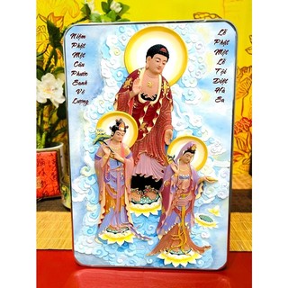Tranh Để Bàn/Tranh Treo Tường Phòng Khách, Phòng Thờ Tây Phương Tam Thánh Tiếp Dẫn - Tranh Laminate Tráng Gương Bo Viền