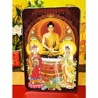 Tranh Để Bàn/Tranh Treo Tường Trang Trí Phòng Khách, Phòng Thờ Ta Bà Tam Thánh - Tranh Laminate Tráng Gương Bo Viền