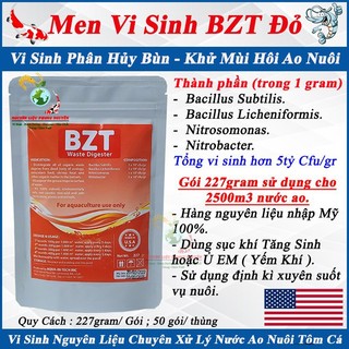 Men Vi sinh Bể Cá, Ao Nuôi Tôm Công Nghiệp BZT Đỏ, Vi Sinh Làm Trong Nước, Phân Hủy Bùn, Khử Mùi Hôi. Gói 227gram