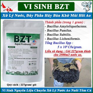 5 Gói Men Vi sinh Bể Cá, Ao Nuôi Tôm Công Nghiệp BZT Xanh, Vi Sinh Làm Trong Nước, Phân Hủy Bùn Khử Mùi Hôi. Gói 227gram