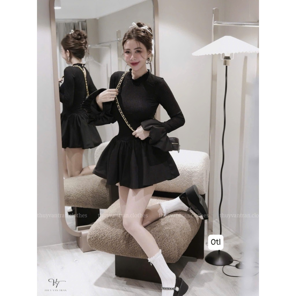 Đầm váy dài tay bèo chiết eo form ôm dáng bum xòe, Váy dài tay ống loe body dáng ngắn basic thanh lịch