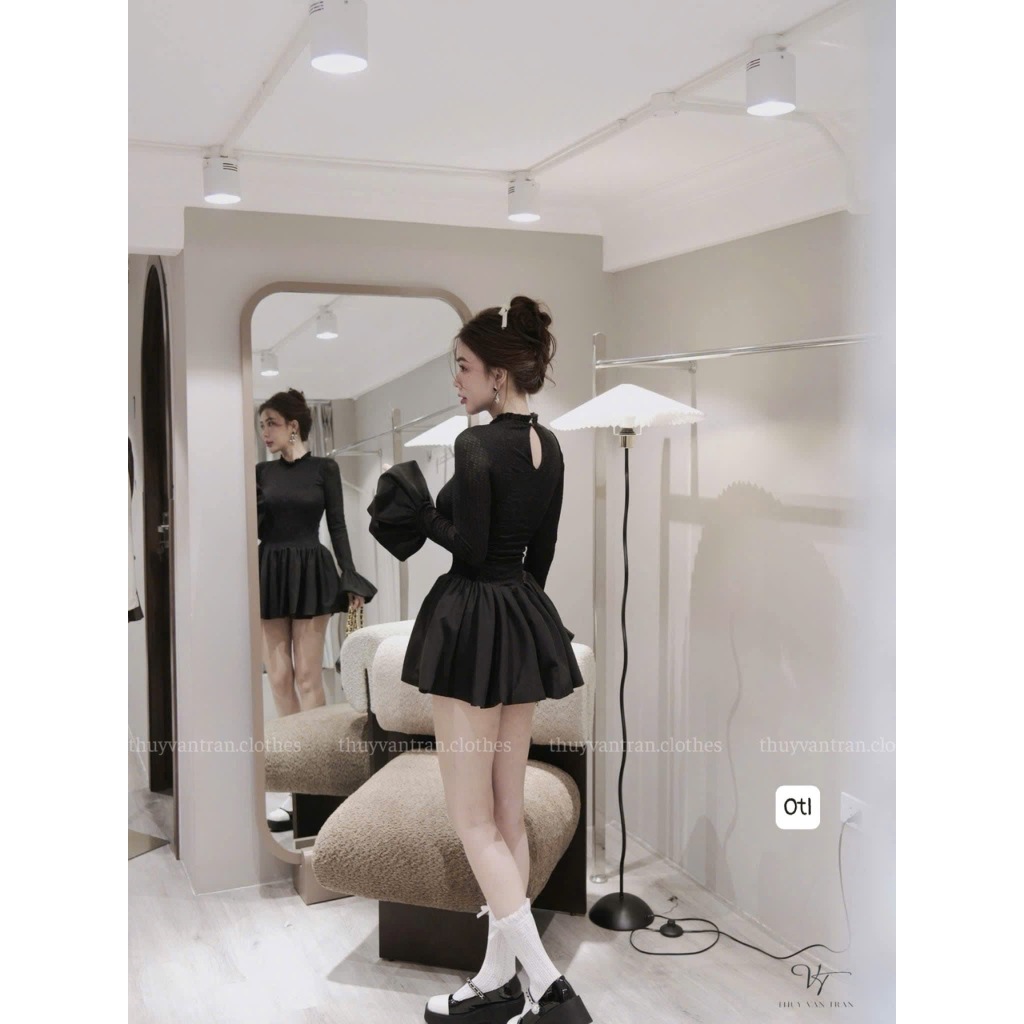 Đầm váy dài tay bèo chiết eo form ôm dáng bum xòe, Váy dài tay ống loe body dáng ngắn basic thanh lịch