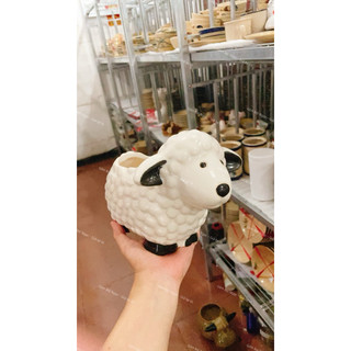 Cừu Gốm Trắng Trồng Bông/Hoa - Trang Trí Tiểu Cảnh - Sân Vườn - Gốm Lái Thiêu - Gốm Bình Dương