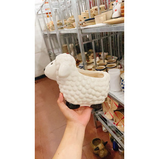 Cừu Gốm Trắng Trồng Bông/Hoa - Trang Trí Tiểu Cảnh - Sân Vườn - Gốm Lái Thiêu - Gốm Bình Dương