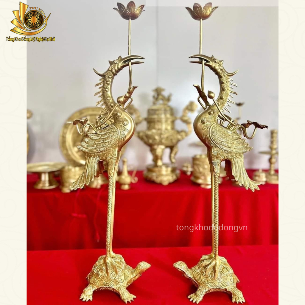 Đôi Hạc Thờ Bằng Đồng Vàng Màu Mộc Cao 32 cm, Cao 42 cm, Cao 46 cm, Cao 60 cm Đồng Nguyên Chất Bảo Trì Trọn Đời