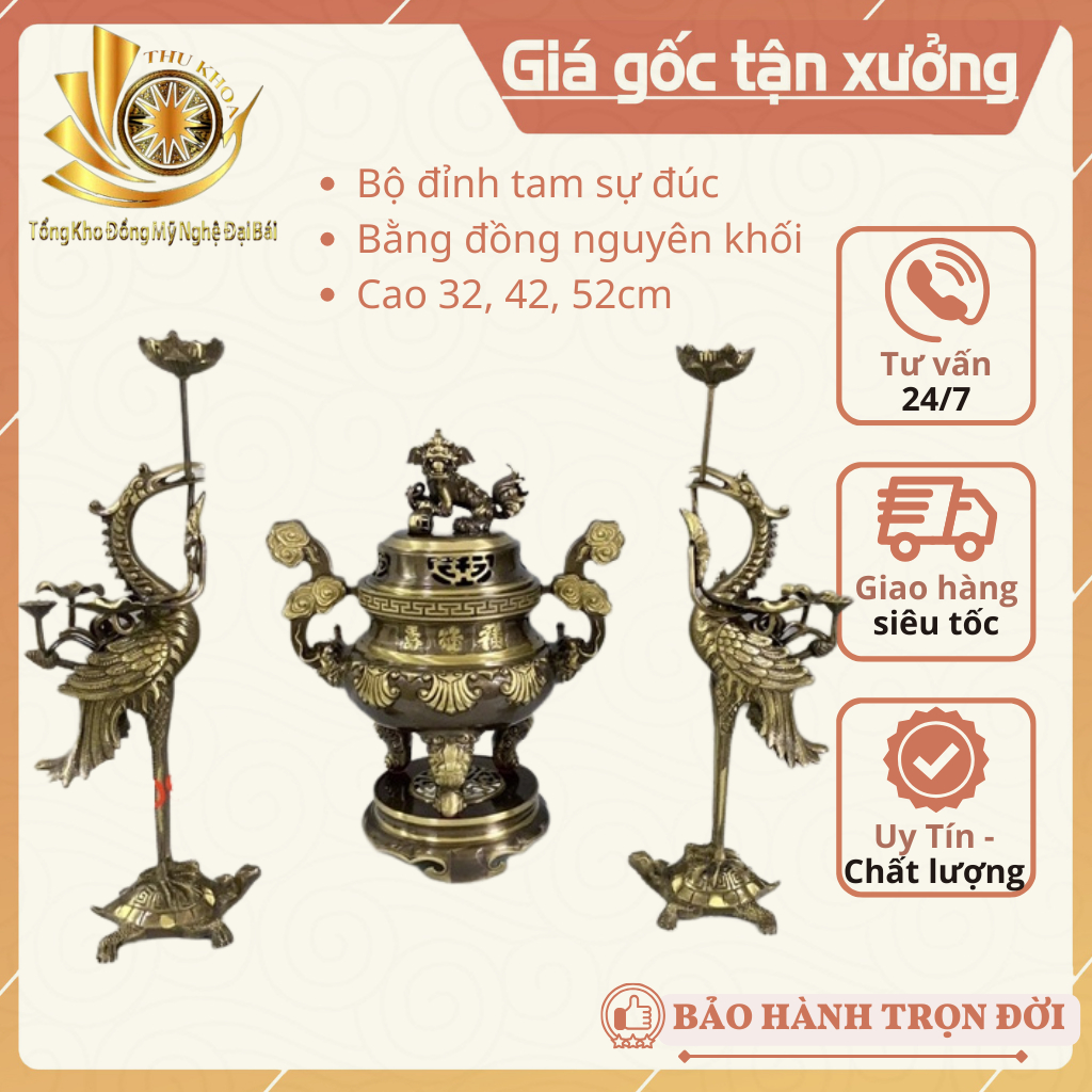 Bộ Đỉnh Đồng Ngũ Sự 52cm Đỉnh Hạc Chân Đèn Bằng Đồng Chuẩn Phong Thủy, Bộ Lư Đặt Bàn Thờ Bằng Đồng Đại Bái Mẫu 4